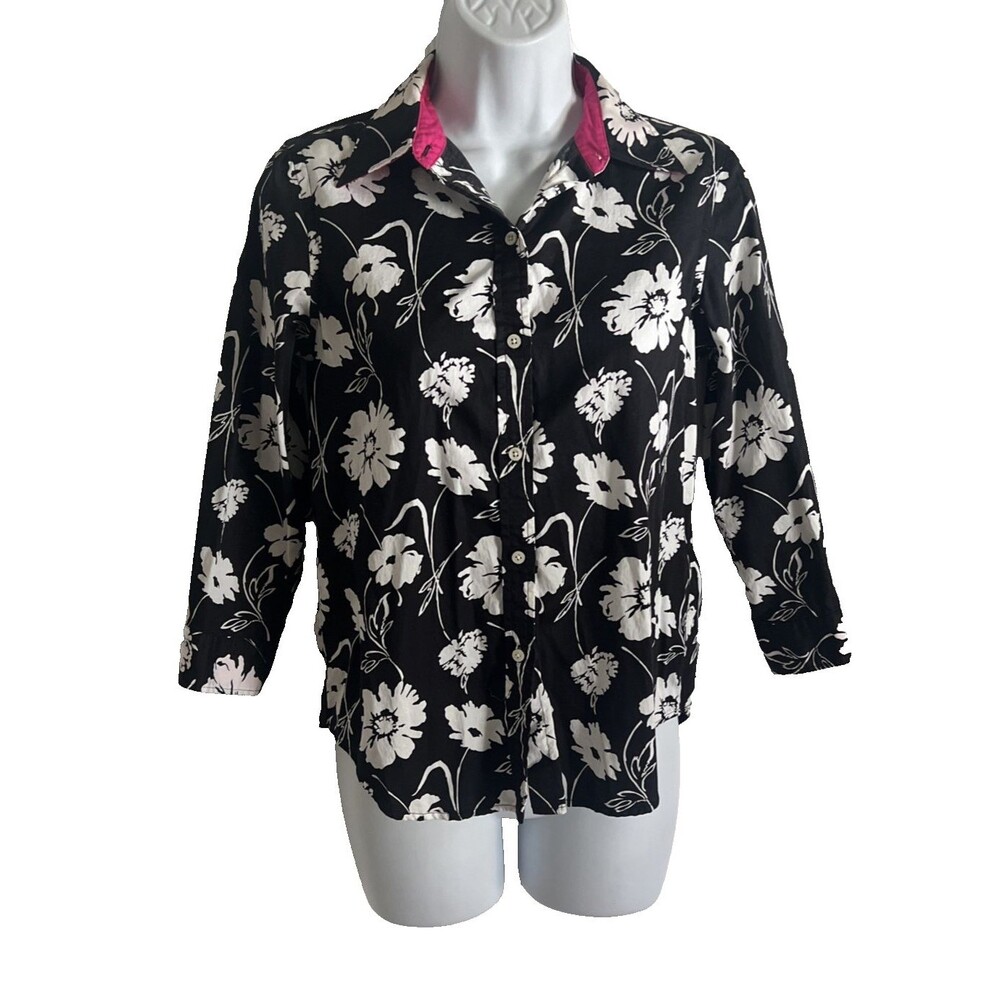 Lauren Ralph Lauren Floral Button Down Shirt Women PS Black White Boho Top